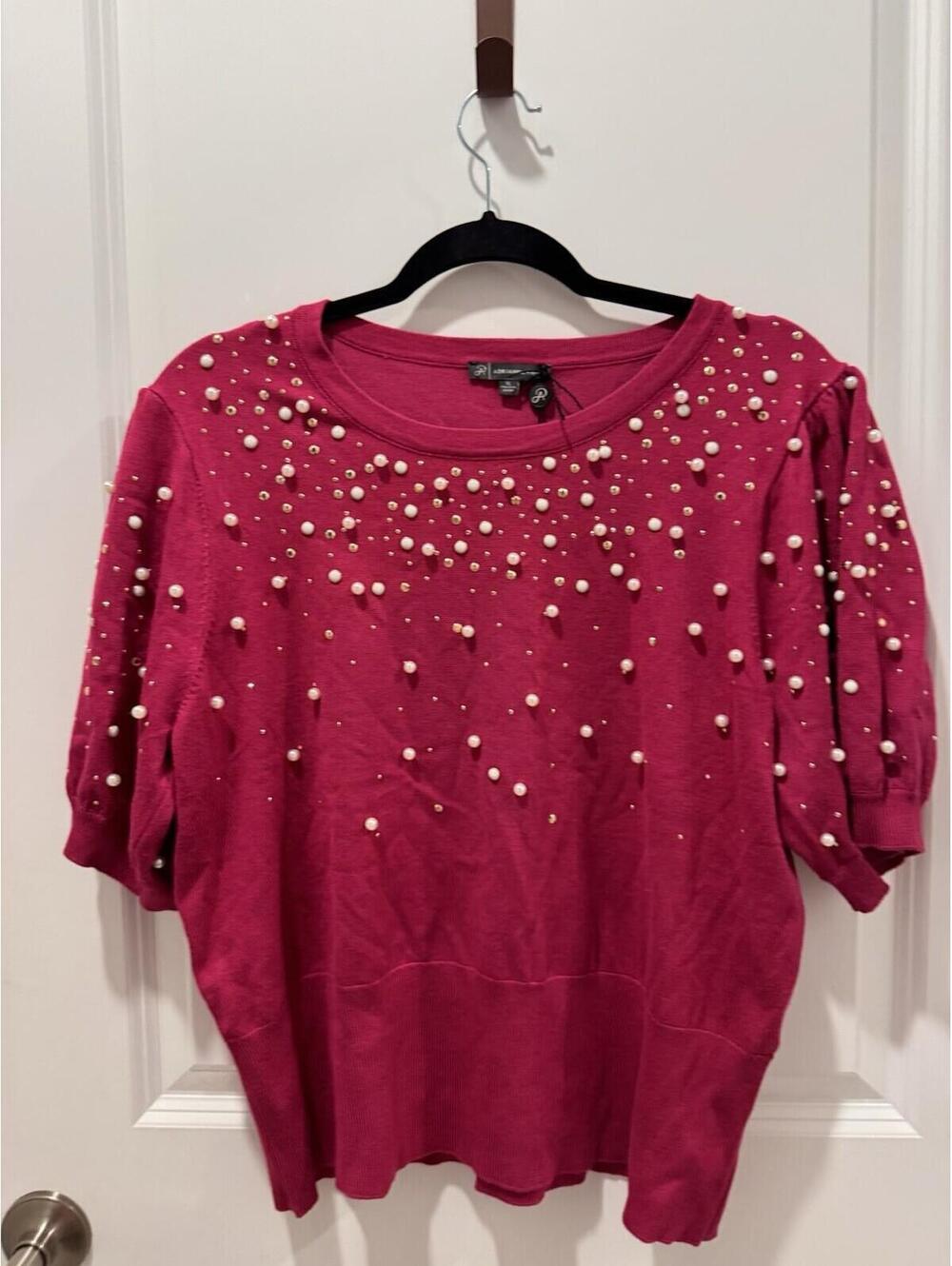 Adrianna Papell Size XL Berry Puffed Sleeve Pearl Accent Short Sleeve Sweater NW